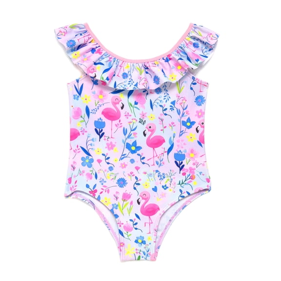 NIPAXO Girls One Piece Swimsuit Ruffle Flounce Neckline Cute Flamingo Tropical Floral Print Sleeveless Beach Vacation Rash Guard Swimwear for Girls Age 6 Years
