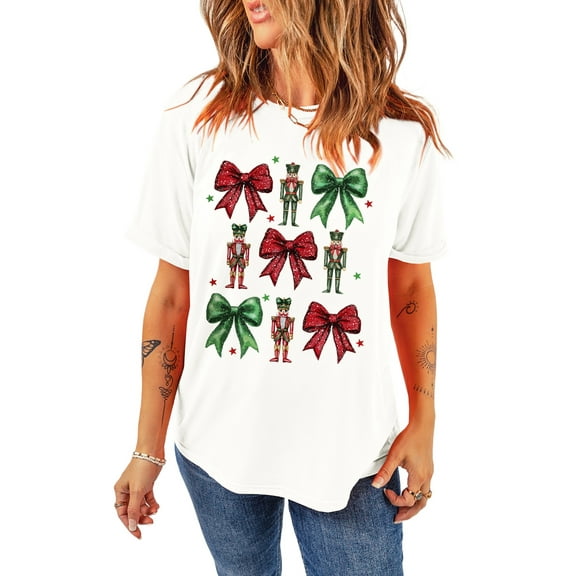Women's White Christmas Nutcracker Printed Crewneck T-Shirt with Bowknot - [ZhiHiMeRi] | (US 20-22)2XL
