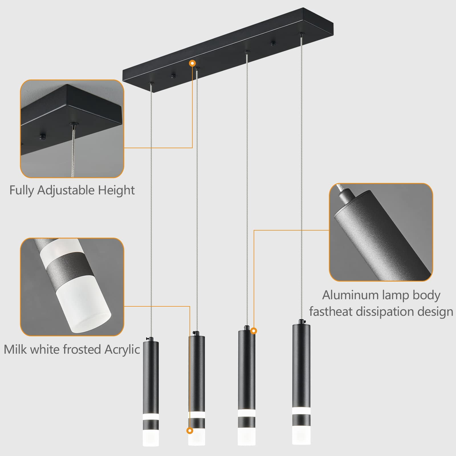 ZHLWIN 4-Light Dining Room Modern Pendant Light Kitchen Fixture Dimmable LED Black Mini Pendant Lighting for Kitchen Island Study Pendant Lights
