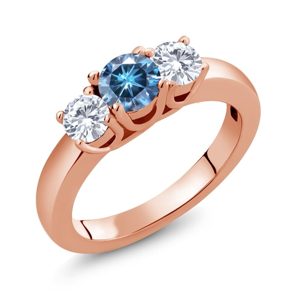 Gem Stone King 18K Rose Gold Plated Silver 3-Stone Ring Set with Round Persian Blue Moissanite and Moissanite (0.96 Cttw, Size 5)