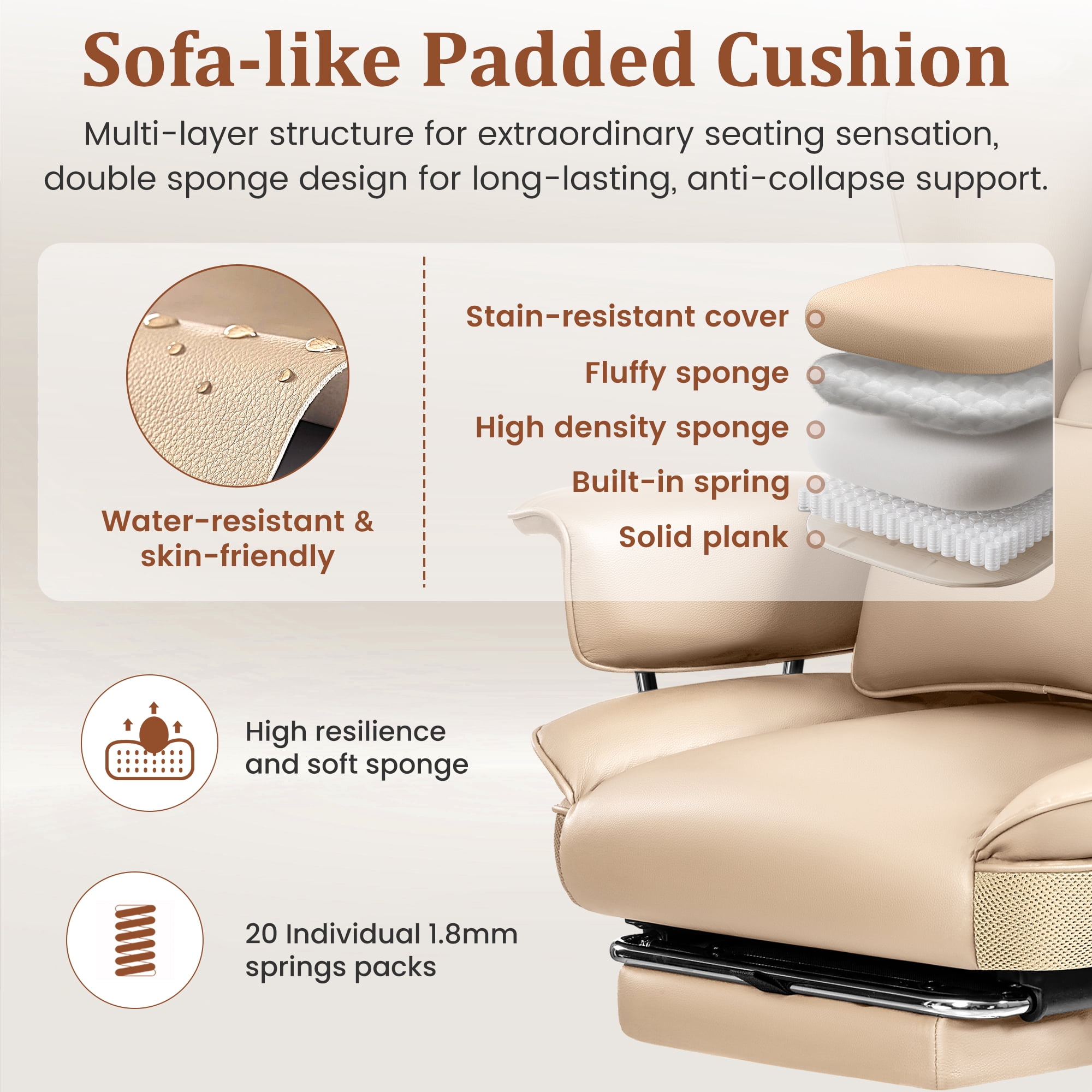 COOLHUT Big and Tall Office Chair 500LBS Wide Seat Ergonomic Computer Desk Chair, PU Leather Executive Office Chair with Footrest, Adjustable Task Chair Lumbar Back Support 8 Hour, Khaki