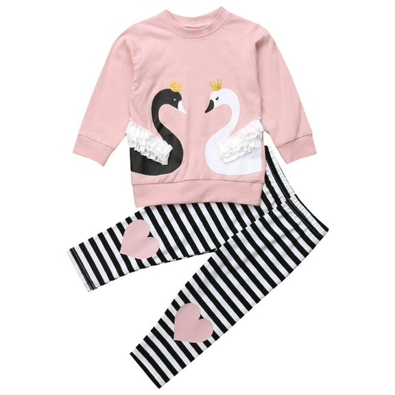 Mercatoo Striped Pants Clothes Swan Sleeve Tops Toddler Print Outfits Long Baby Cartoon Girls 3 Month Newborn Baby Girl Clothes