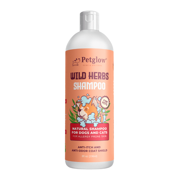 PetGlow Pure & Natural Wild Herbs Shampoo for Dogs & Cats,  Reduces Itching & Odor Coat Shield with Aritha, Tulsi, Amla & Soap Nut, Has No Parabens, Sulphates, Synthetic Colors, 8 fl oz.