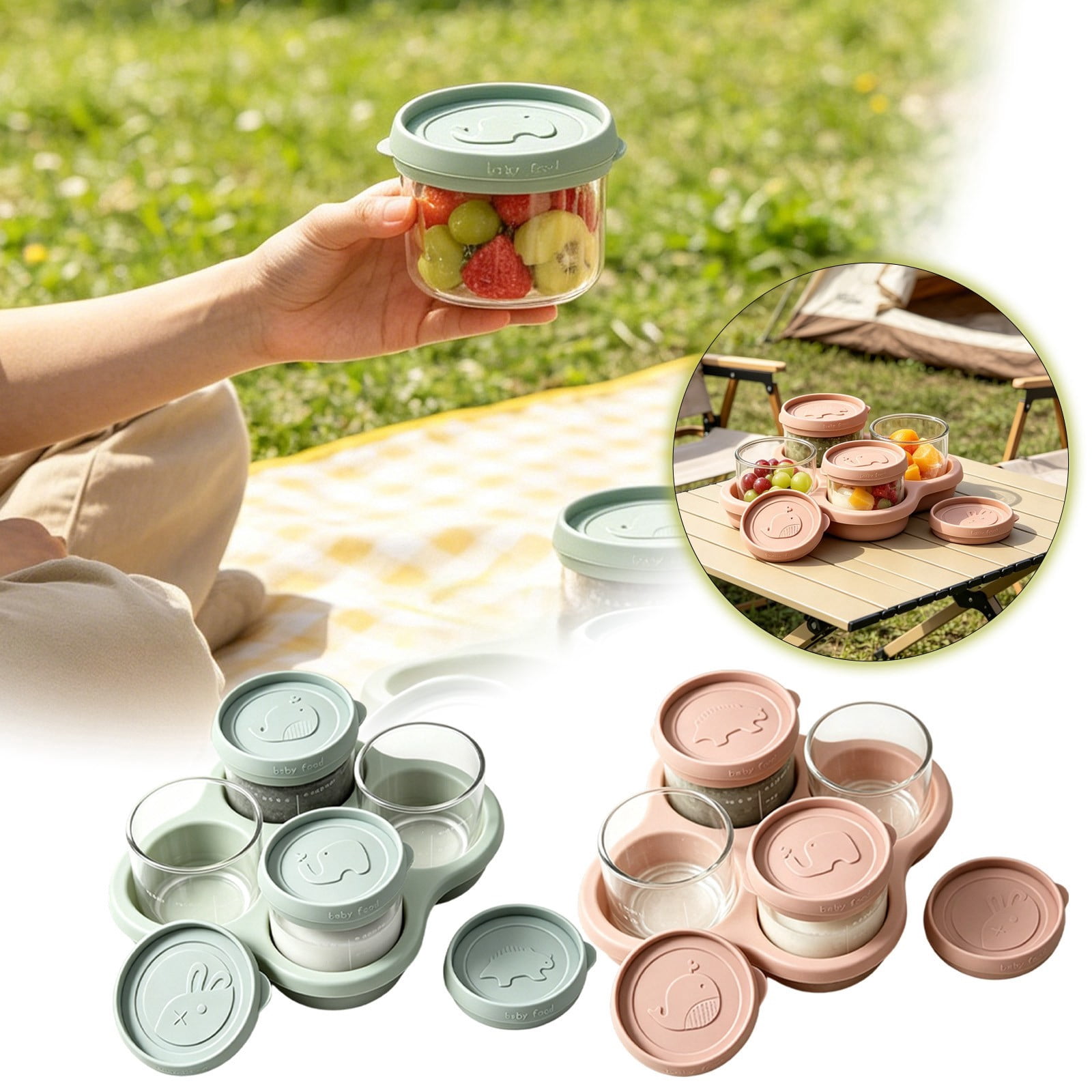4-Cup Glass Baby Food Storage Containers with Airtight Lids, Leakproof Freezer & Microwave Safe Snack Jars with Silicone Tray