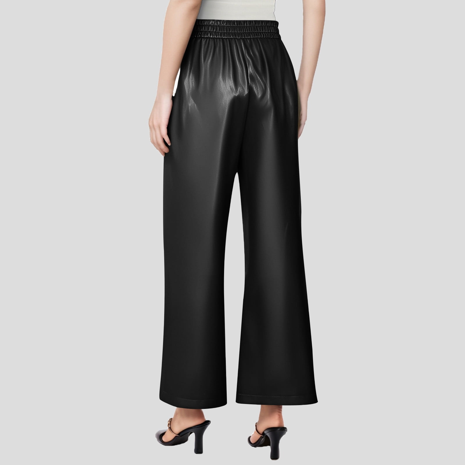 JGGSPWM High-Waist Wide Leg Pants with Belt for Women Sleek Faux Leather Trousers Black 2XL