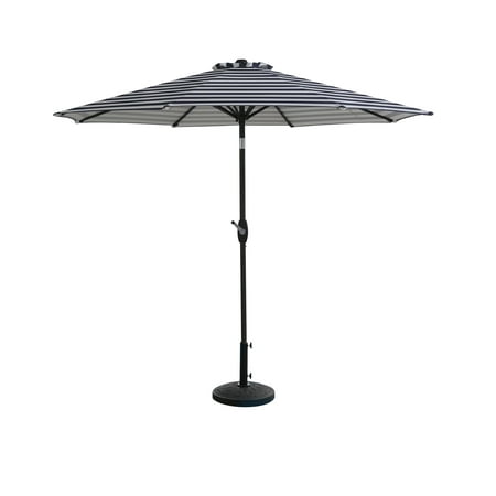 Westin Outdoor 9 Ft Market Patio Umbrella with Round Resin Base for Outdoor Garden UV Water Weather Resistant, Gray/White Stripe