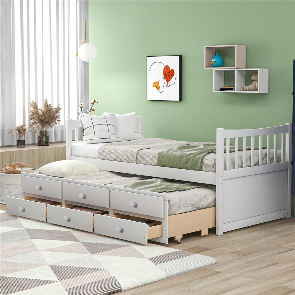 Twin Bed Frame, Kids Captain's Bed with Trundle Bed and Drawers, Heavy