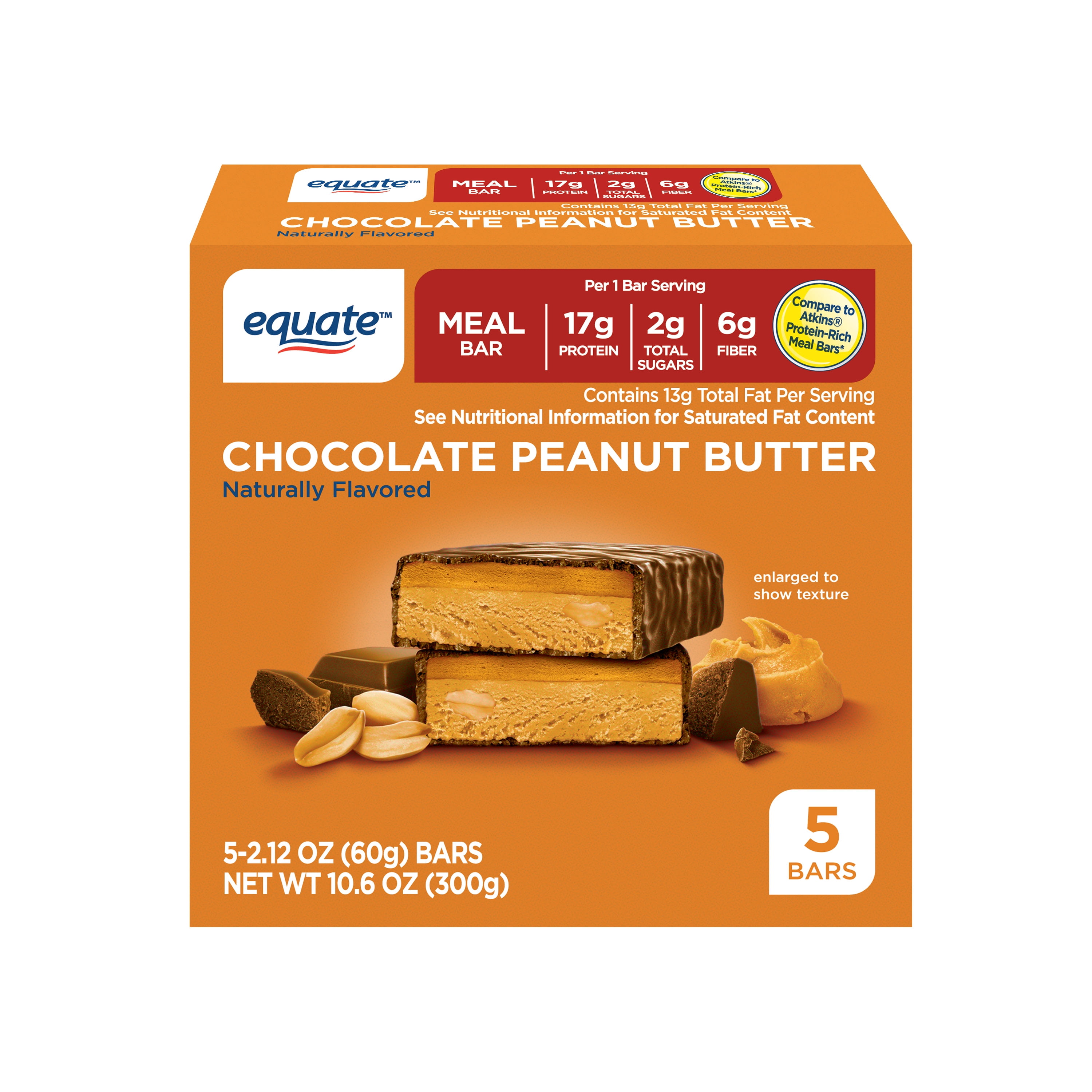Equate Chocolate Peanut Butter Meal Bar, 5 Count