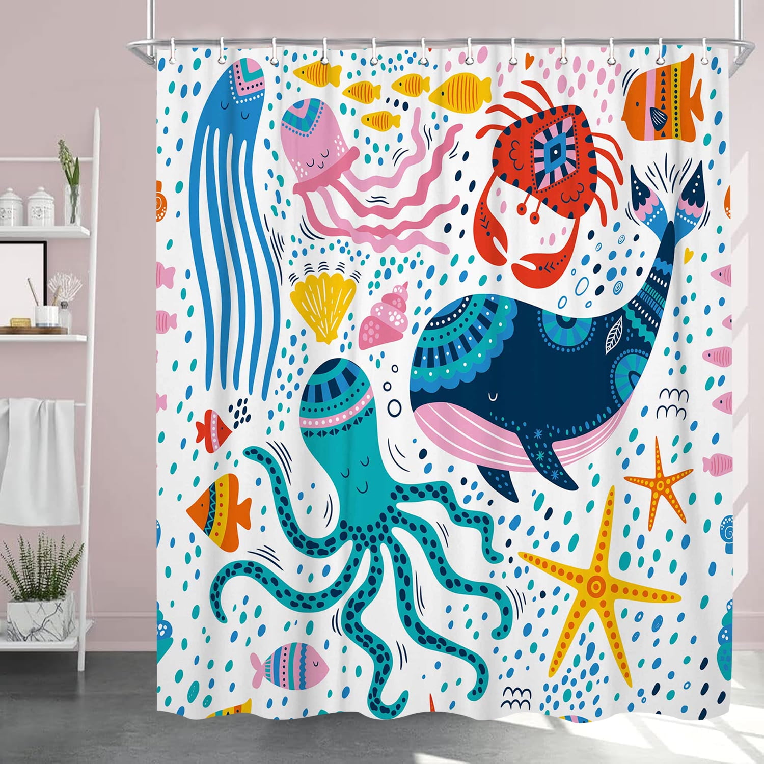 Kids Ocean Shower Curtain, Cartoon Cute Whale Octopus Starfish Crab Sealife Under The Sea Shower Curtain Set for Baby Boys Girls, Underwater Fish Animal Shower Curtains Bath Decor with Hooks