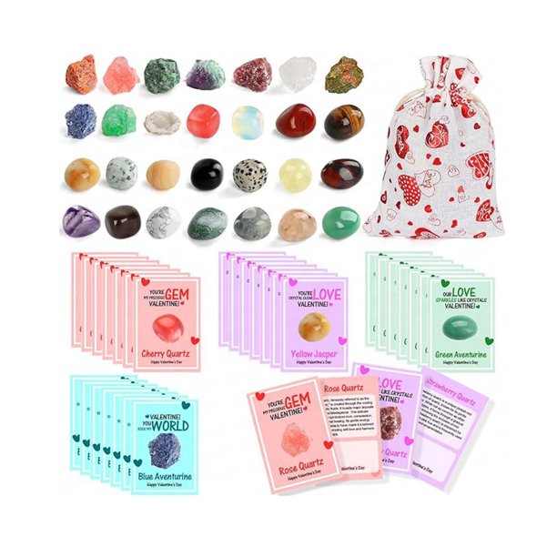 Decoraciones de San Valentín, regalos de San Valentín, 28 juegos de tarjetas de San Valentín con piedras preciosas naturales, cristales, rocas y minerales. Tarjetas de intercambio para San Valentín. P