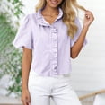thumbnail image 7 of Staron Women's Casual Blouse Ruffle Striped Puff Sleeve Button Down Shirt V Neck Short Sleeve Cropped Top, Purple XXL, 7 of 7