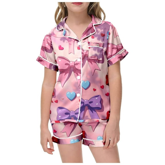 YUEHUA Girls Silk Pajamas Set Satin Button Down Sleepwear 2 Piece Valentine's Day Pjs Nightwear Loungewear Gifts for Kids, Size 3-4 Years
