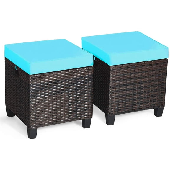 JFTER 2 Pieces Outdoor Patio Ottoman, All Weather Rattan Wicker Ottoman Seat, Patio Rattan Furniture, Outdoor Footstool Footrest Seat w/Removable Cushions