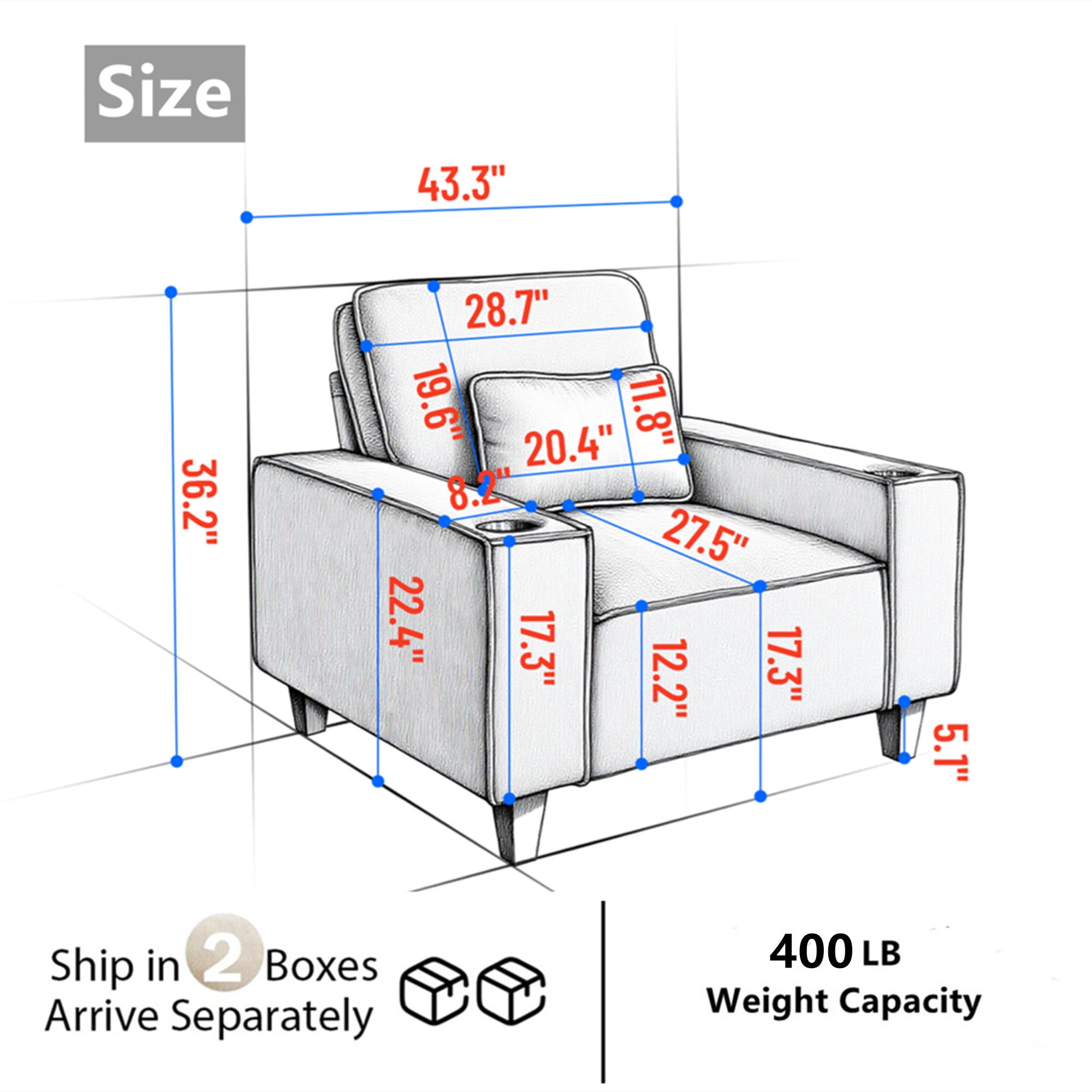 Aukfa 3 Piece Sofa Set - 43.5" Oversized Armchair Couch with Cup Holders&Pillows, Chenille, Gray