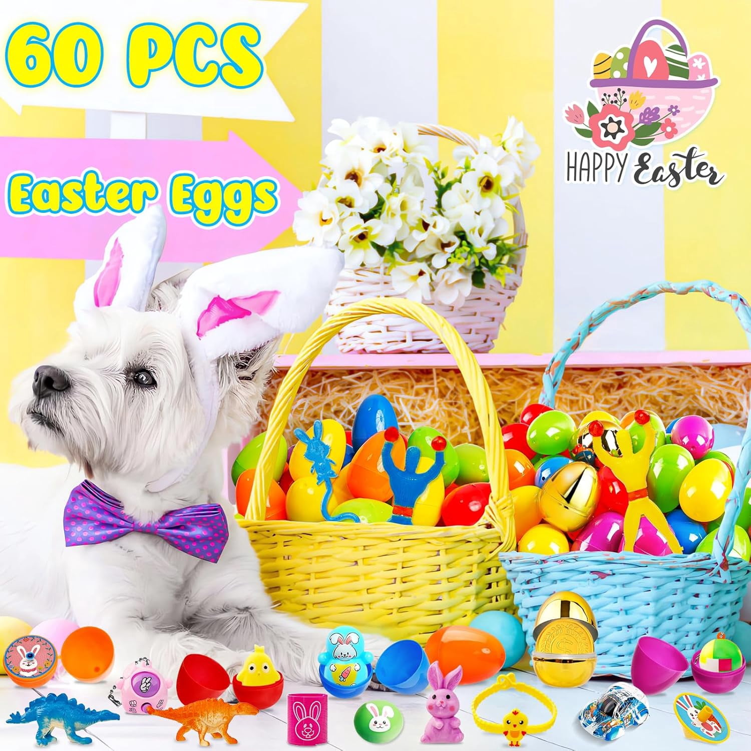 [ 6 Surprise Golden Eggs ] 60Pcs Prefilled Easter Egg with Assorted Toys, Plastic Easter Eggs Fillers for Kids, Basket Stuffers,Egg Hunt Party Favors Classroom Prizes Supplies for Boys Girls