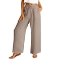 thumbnail image 4 of Wide Leg Pants for Women Flowy Palazzo Drawstring Elastic Waist Trousers with Pockets Summer Beach Vacation Clothes Khaki, 4 of 9