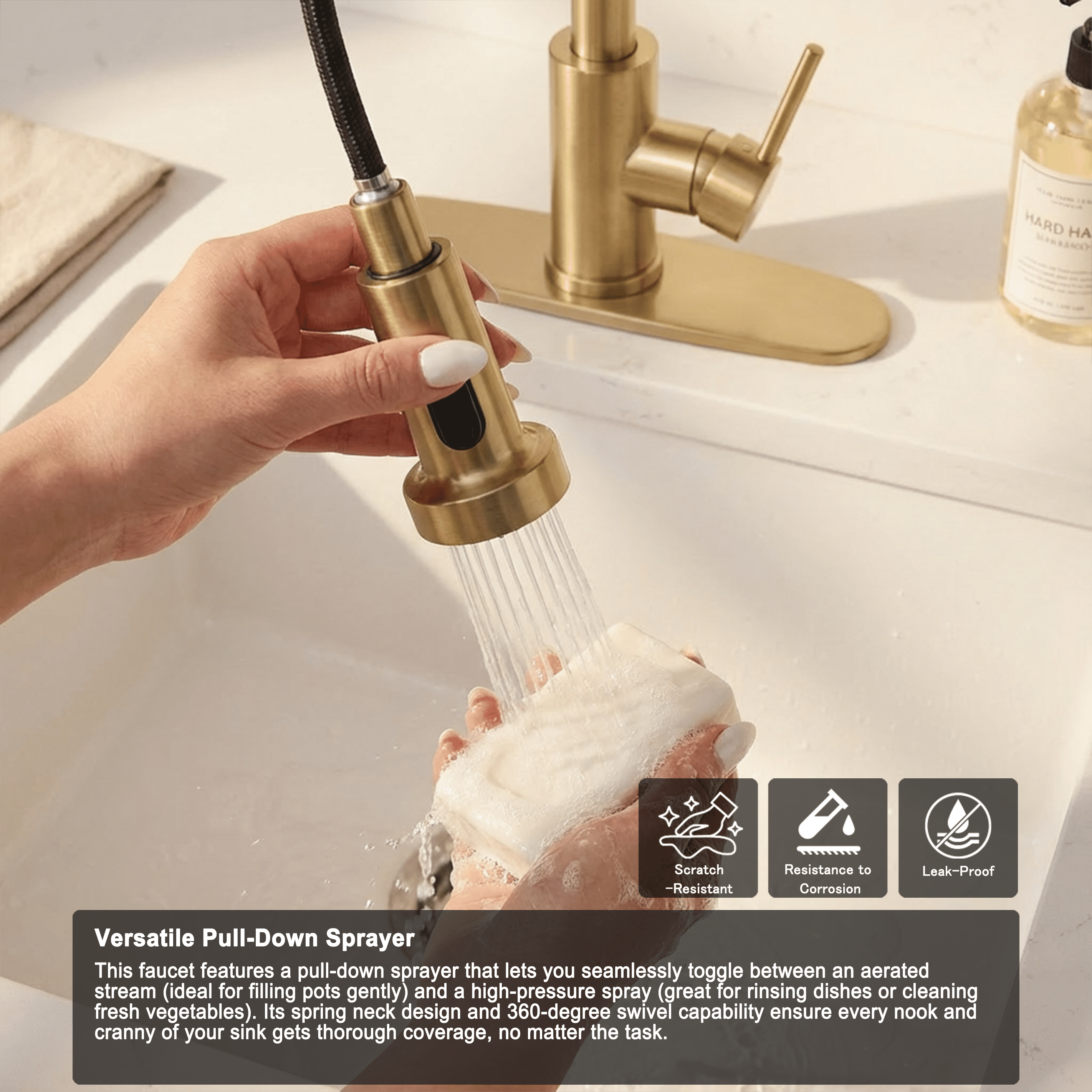 Kitchen Faucet with Pull Down Sprayer Industrial 1 Handle 1 Hole or 3 Hole Faucet for Farmhouse Camper Laundry Utility,Brushed Gold