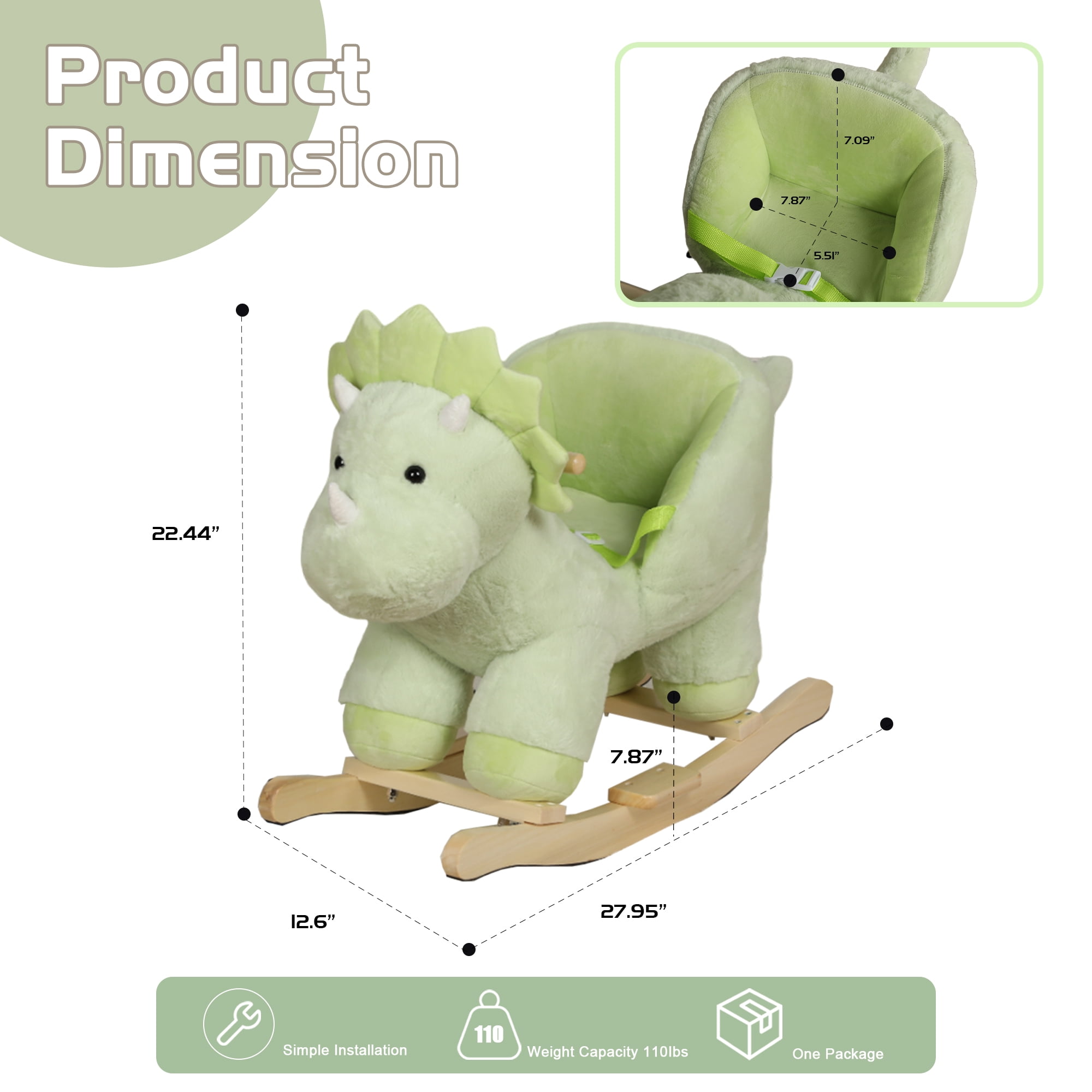 Alvantor Kids Rocking Horse Dinosaur Ride-On Toy with Music for 1-3 Years Green