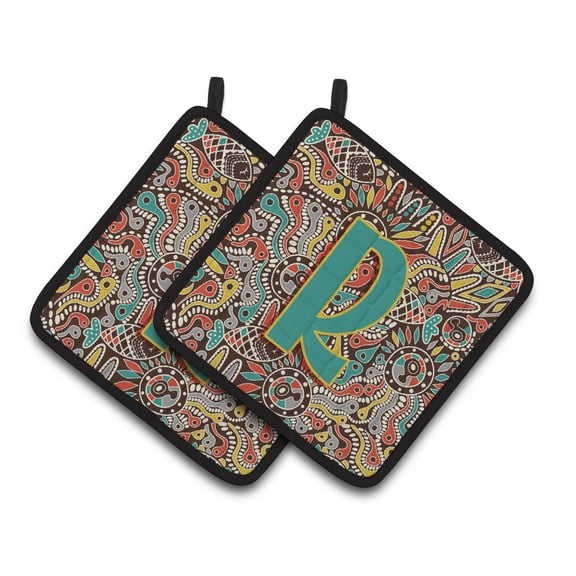 Letter R Retro Tribal Alphabet Initial Pair of Pot Holders