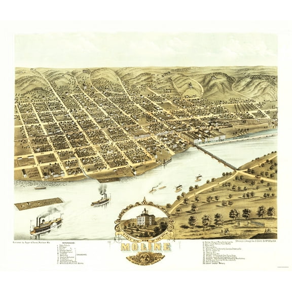 Historic Panoramic View - Moline Illinois - Ruger 1869 - Vintage Wall Art