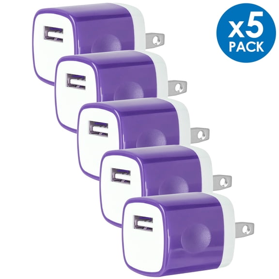 Universal USB Wall Charger Power Adapter Plug 1A 5V Travel Charger USB Charging Brick AC Power Adapter For Phone 6 / 7 / 8 / X / Xs / Xs Max / 11 / 11 Pro Max, Galaxy S8/S9/S10, LG, Google [5-PACK]