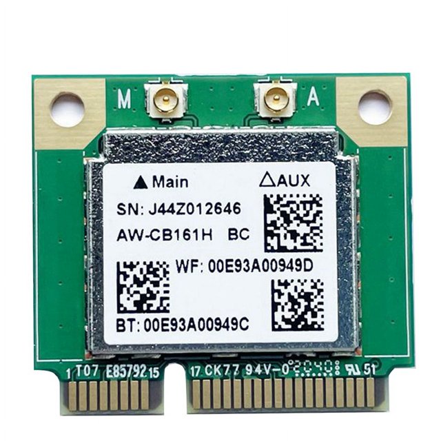 dual band realtek rtl8821 aw-cb161h tarjeta wifi wlan bluetooth 4.0 combo inalámbrico medio mini adaptador pci-e 433mbps 802.11ac vista frontal centrada de la tarjeta mini PCI-e verde con conector de borde dorado, módulo metálico con etiqueta blanca que muestra códigos QR y marcas 'Main' y 'AUX', dos conectores de antena en la parte superior y orificios de montaje; adecuada como adaptador de red interno de doble banda para equipos de escritorio.