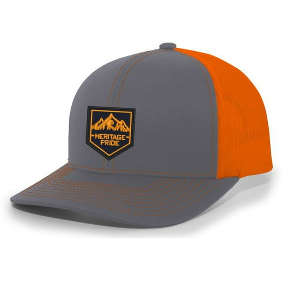 Heritage Pride Outdoors Mountain Embroidered Patch Mens Embroidered Mesh Back Trucker Hat, Charcoal/Orange