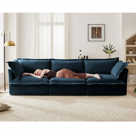 120" Upholstered Chenille 3 Seater Cloud Deep Seat Sofa, Slipcovered Sectional Couch with Removable Covers for Living Room,Blue