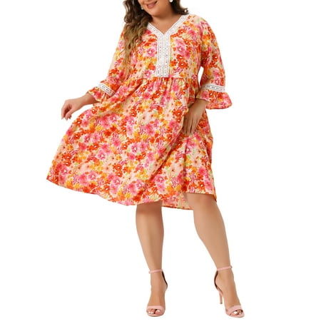 Agnes Orinda Women s Plus Size V Neck 3/4 Sleeves Lace Floral Loose Fit Babydoll Dresses