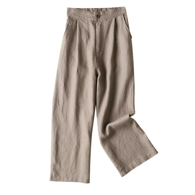 Timegard Womens Lounge Pants Wide Leg Cotton Linen Elastic Waisted Button Loose 3/4 Pants with Pockets