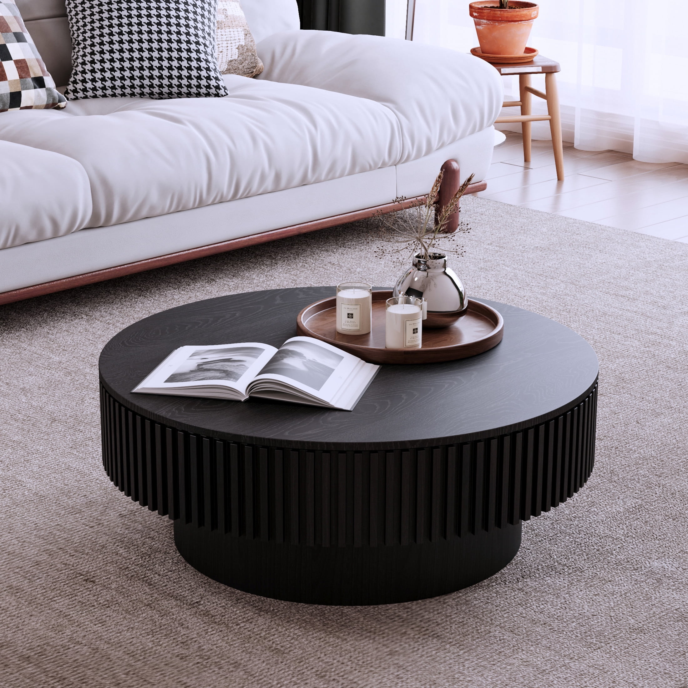Noble House Leigh 31.5'' Round Modern Coffee Table with Hidden Storage, Solid Wood Veneer, Accent Tea Table, Black