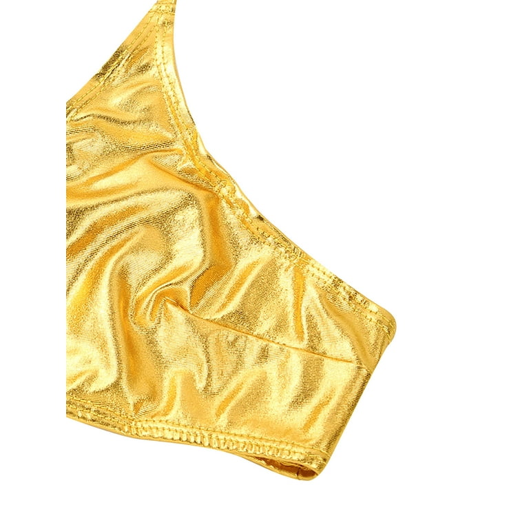 iEFiEL Womens Shiny Metallic Bikini Swimsuit Scoop Neck Bra Top with High  Cut Briefs Gold Large 
