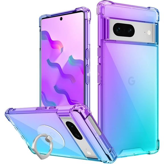 for Google Pixel 7 Case with [Ring Kickstand Holder] Clear Gradient Soft TPU [Reinforced Corners] Shockproof Protective Phone Case Cover for Google Pixel 7-Purple Blue