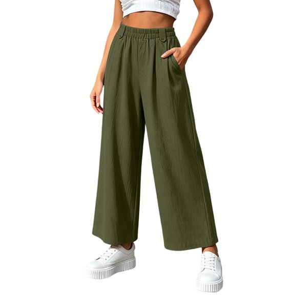 Women's Solid Color Loose Casual Long Pants With Pockets And Elastic Waist