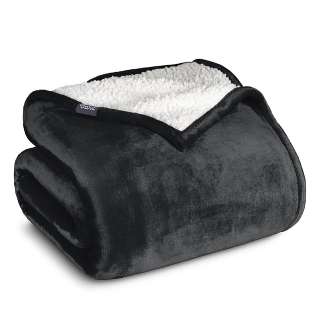 Bare Home Manta de Cama de Felpa Sherpa Mullida y Suave, Reversible, Liviana, Tamaño Matrimonial/queen, Negra