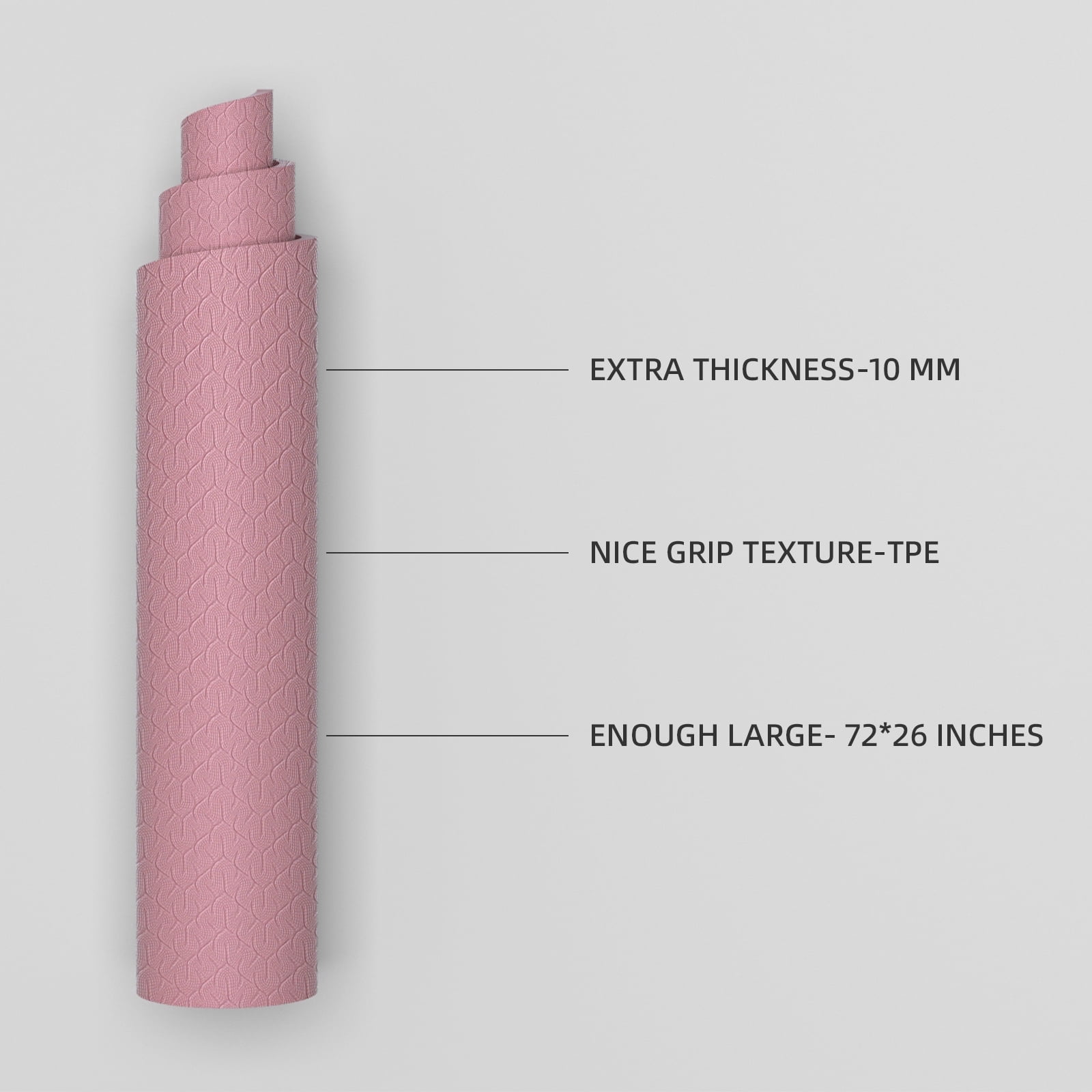 YOHAO Yoga Mat 10mm Thick,72"×26",Non-Slip Eco TPE,Strap included for Travel,Pilates and Fitness Workout(Pink)