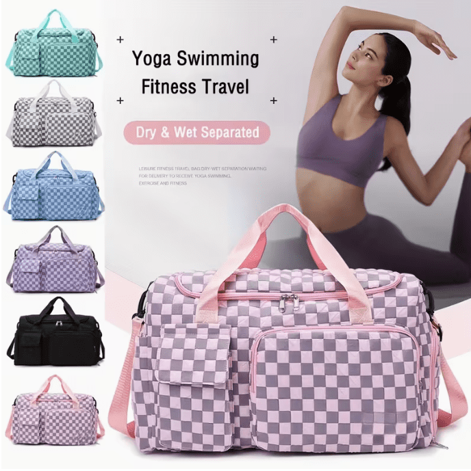 2pcs Checkered Travel Duffel Bag with Makeup Bag for Women Foldable Gym Bag Carry On Weekender Bag with Shoe Compartment,Detachable Straps For Travel, Business And Fitness