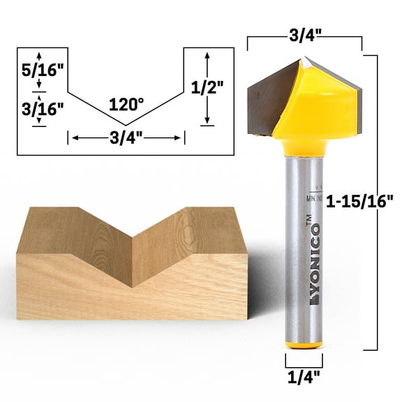 120 Degree X 3/4" Diameter V Groove Router Bit - 1/4" Shank - Yonico 14997q