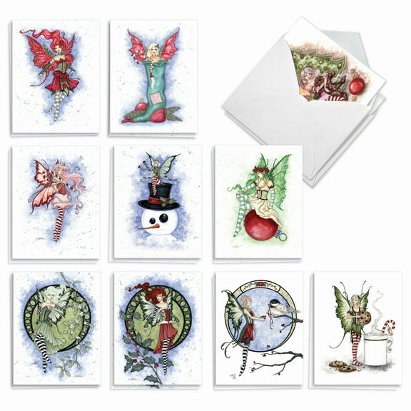 20 Merry Christmas Note Cards with Envelopes (4" x 5.12") - Holiday Fairies Merry Christmas (10 Designs, 2 Each) AM3371XSG-B2x10