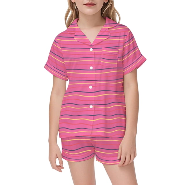 Pyjama pour Filles en Satin Doux à Rayures Ensemble de Pyjama Décontracté pour Confort Quotidien et Jeu