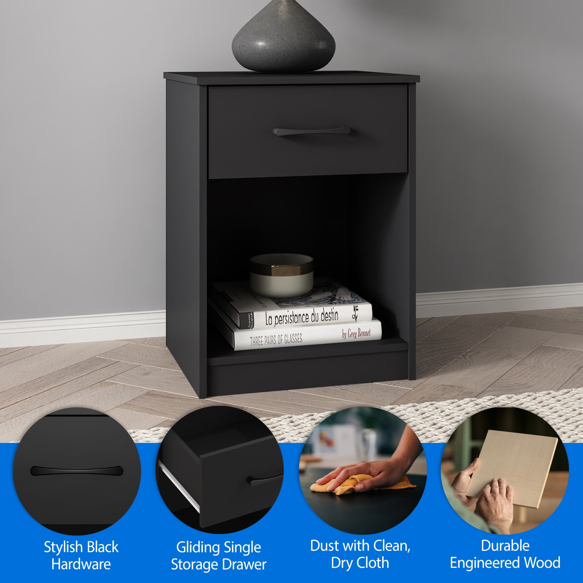 Mainstays Ardent Nightstand with 1 Drawer, Black