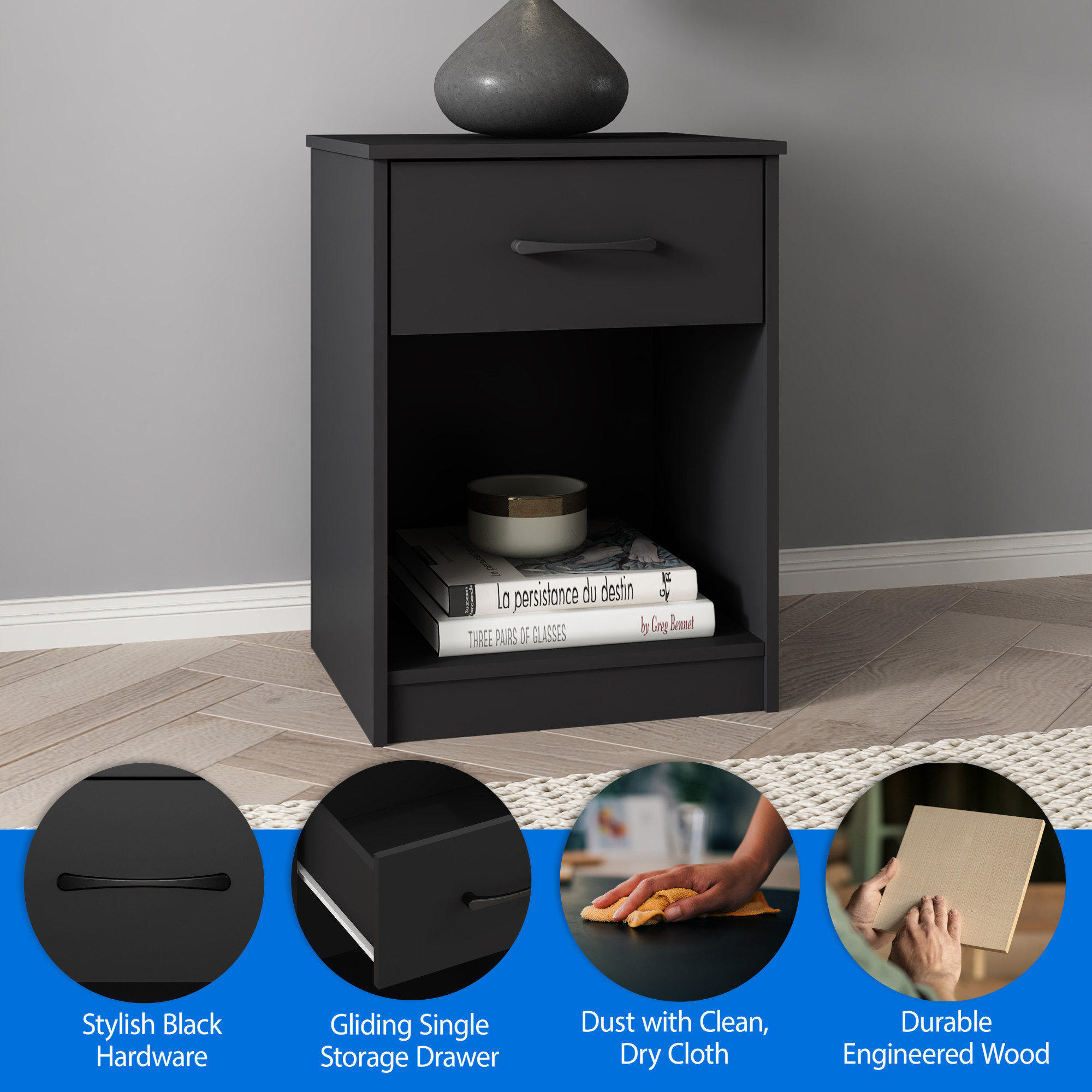 Mainstays Ardent 1-Drawer Nightstand, Black photo 3