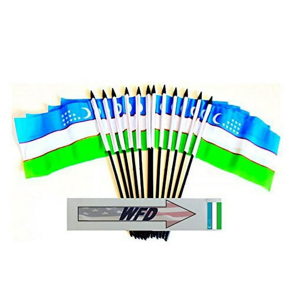 Pack of 12 4"x6" Uzbekistan Polyester Miniature Office Desk & Little Table Flags, 1 Dozen 4"x 6" Uzbek Or Uzbekistani Small Mini Hand Waving Stick Flags