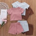 thumbnail image 3 of Canrulo 2PCS Toddler Baby Girl Solid Color Ribbed Short Sleeves O-Neck Tops + Shorts Blue 3-4 Years, 3 of 9