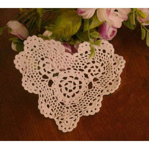 Handmade Crochet Lace Heart Shape Coasters Doilies, 6-inch, Beige Color, Set of 4