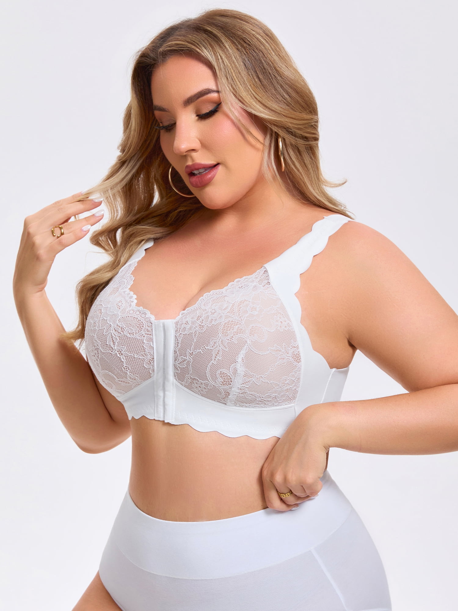 DARING DIVA Women's Front Closure Lace Bra Deep U Wire-Free Floral Bralette F 38 White