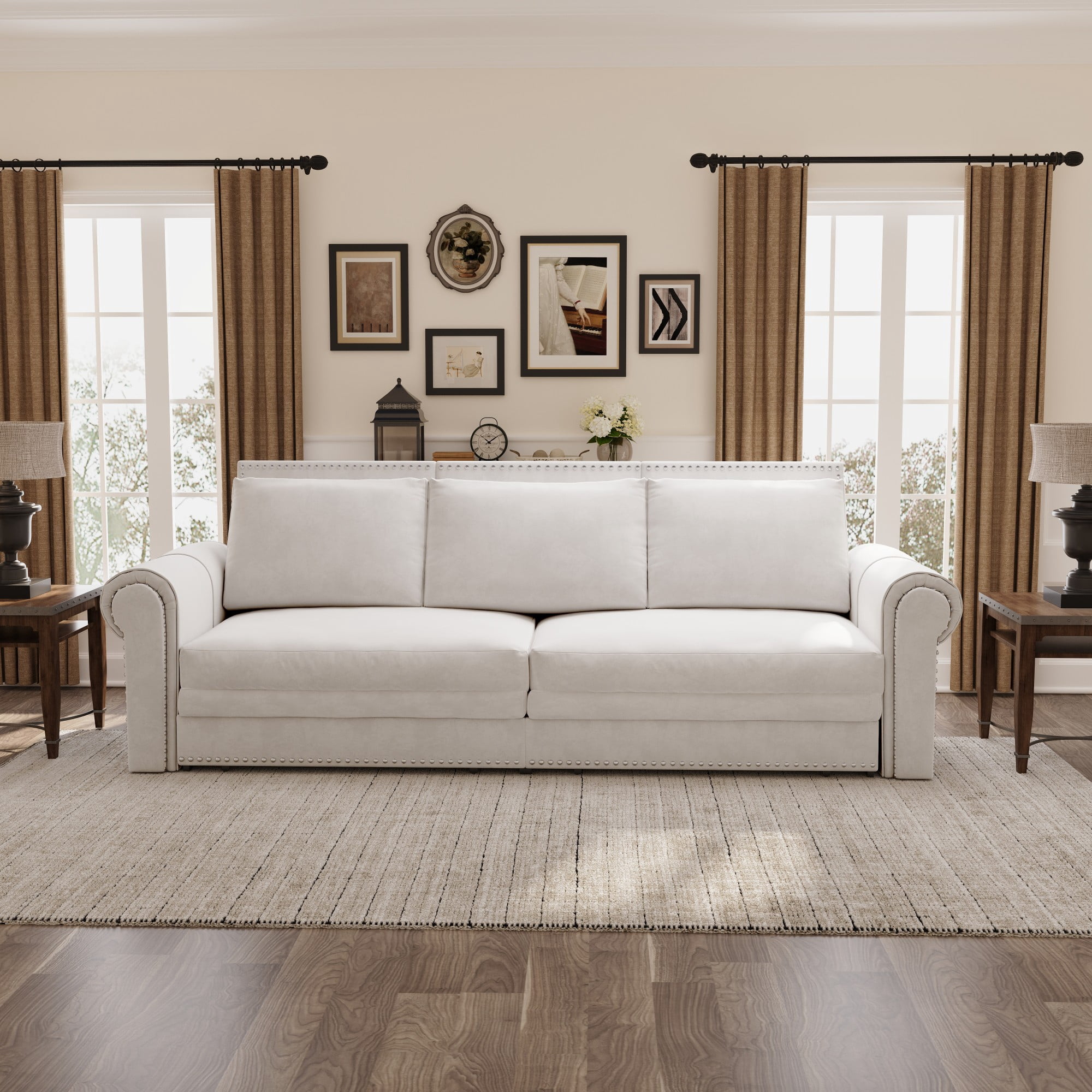 Aukfa 93.7" King Size Pull Out Sofa Bed, 3-in-1 Velvet Convertible Sleeper with Chaise Lounge, Nailhead Trim & Rolled Arms for Living Room, Bedroom, White