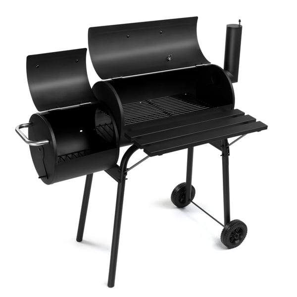 Alvantor Compact Barrel Charcoal Grill with Offset Smoker, Enamel Grates, Metal Front Shelf and Wheels, Black