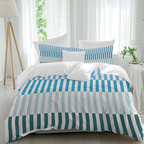 3 Piece Colorful Stripe Duvet Cover Set Twin Size,Microfiber Comforter/Quilt Cover with Corner Ties and 2 Pillowcases,Modern Teal Blue Green Vertical Striped All Season Bedding with Zipper Closure