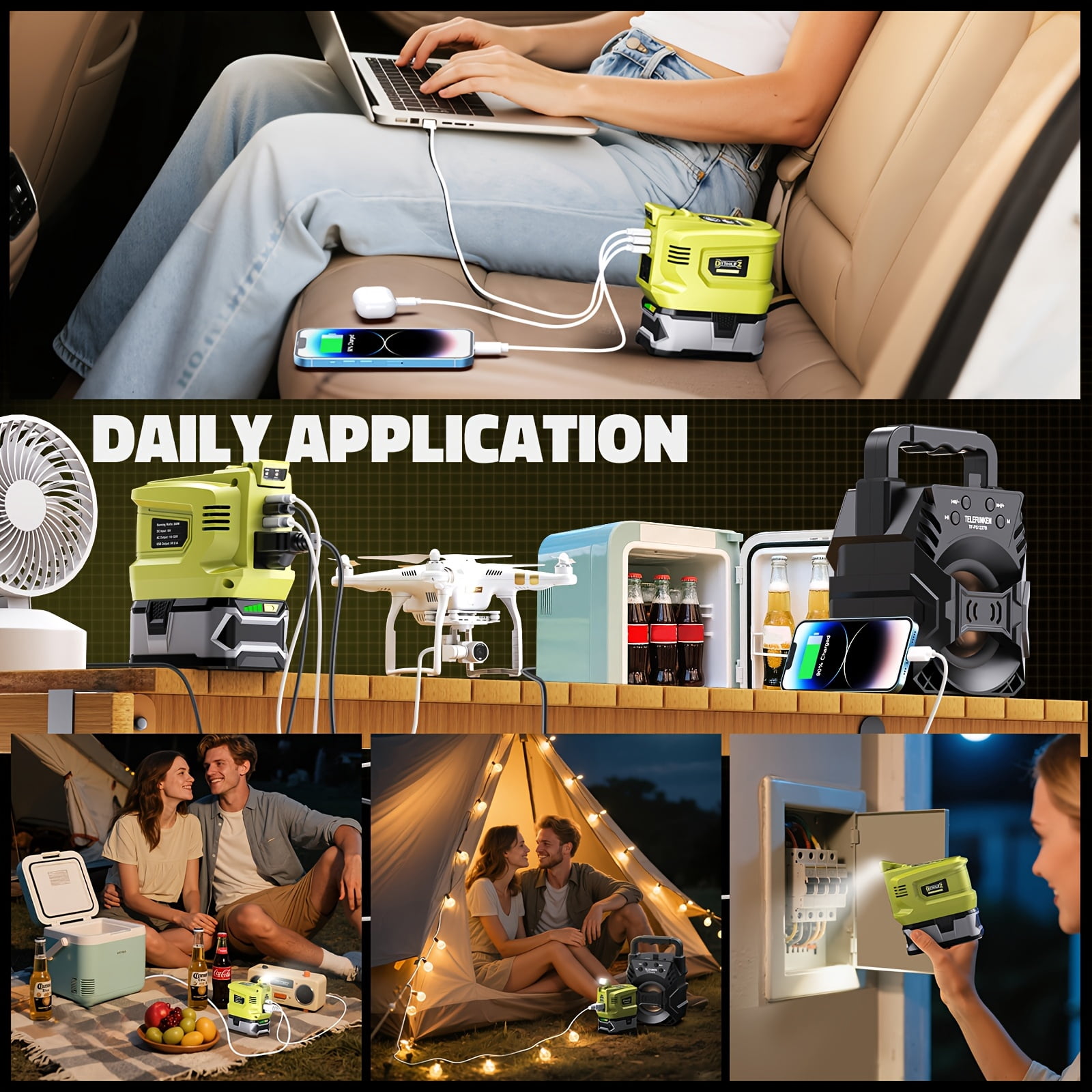 200W Power Inverter Compatible with Ryobi 18V Battery, DC 18V to AC 110-120V Power Station with 1 AC Outlet, 2 USB, 1 Type-C & LED Light, for Camping Power Outage (No Battery)